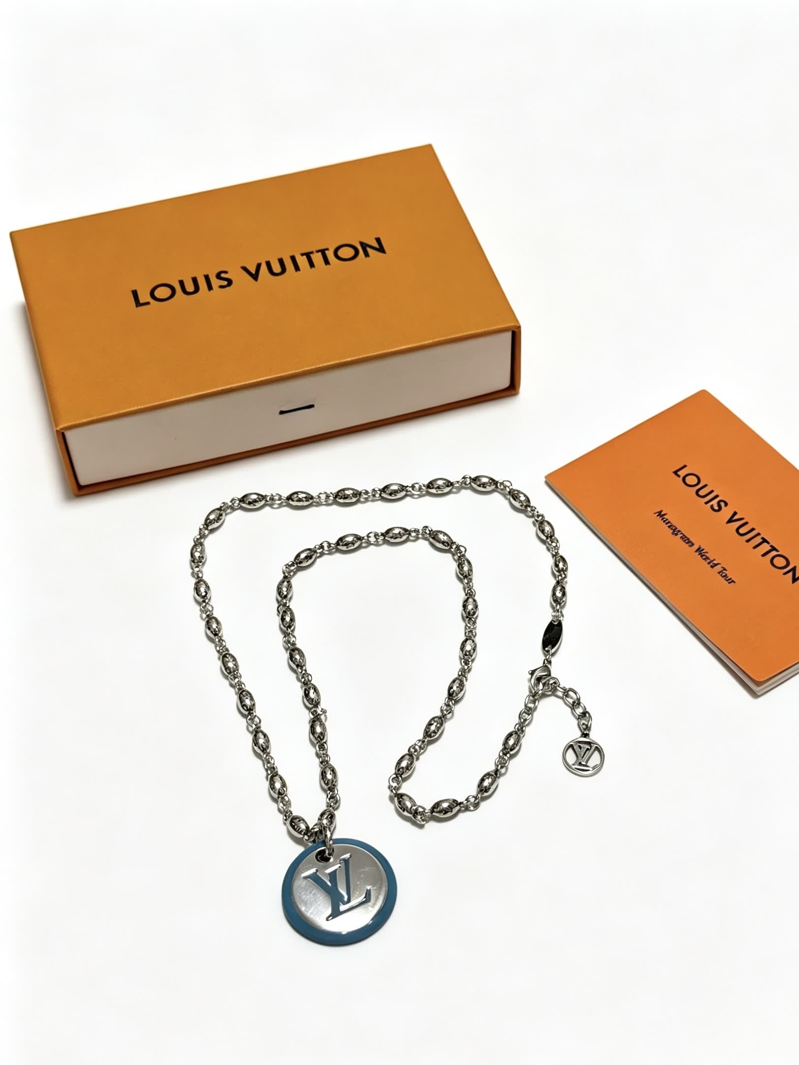 Louis Vuitton Silver and Blue Logo Pendant Necklace